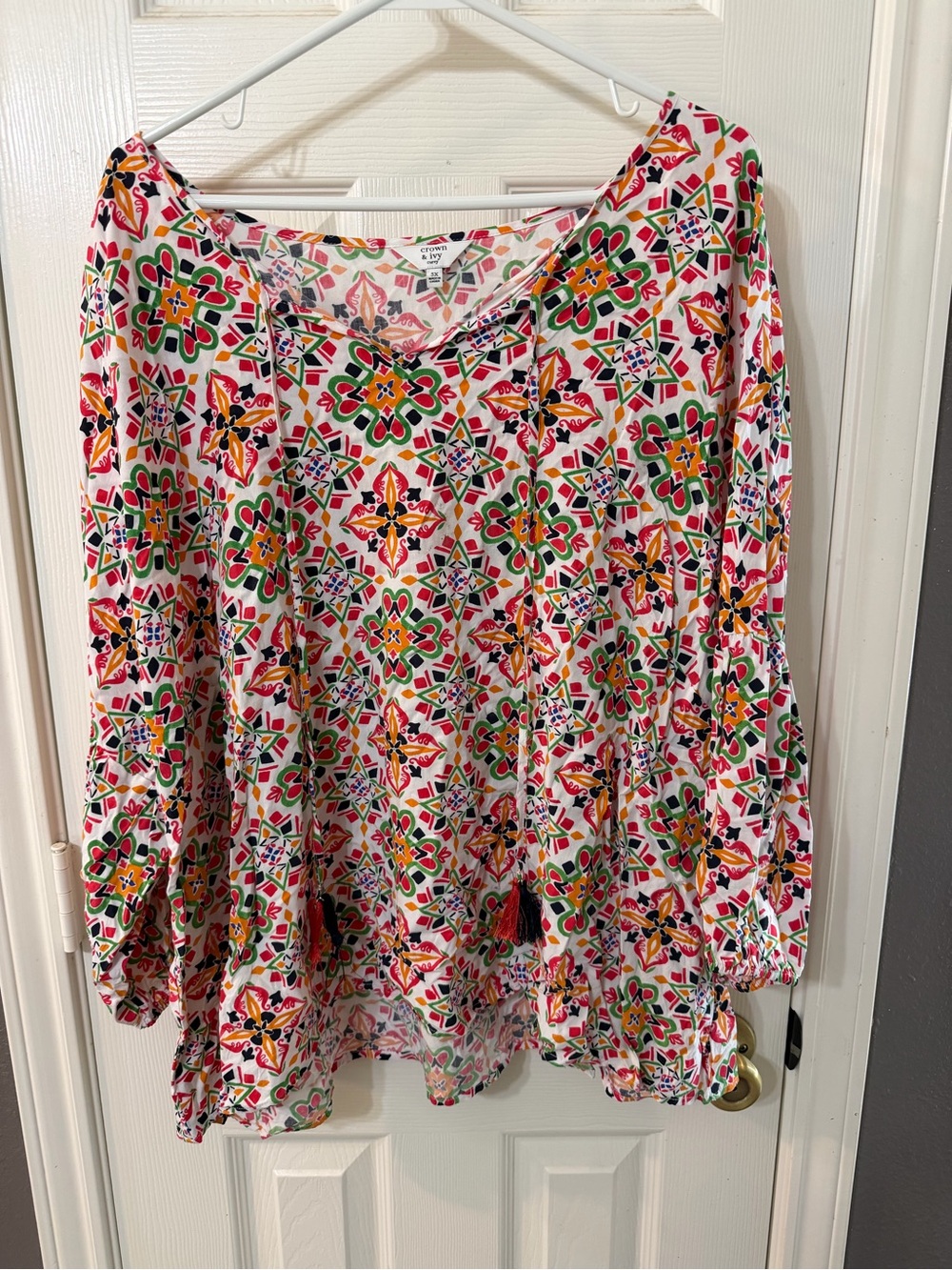 Women's Printed Peasant Tassel Blouse Multi-Color Size 3XL